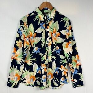 Lauren Ralph Lauren Womens Long Sleeve Button Down Shirt Sz L Navy Floral Office